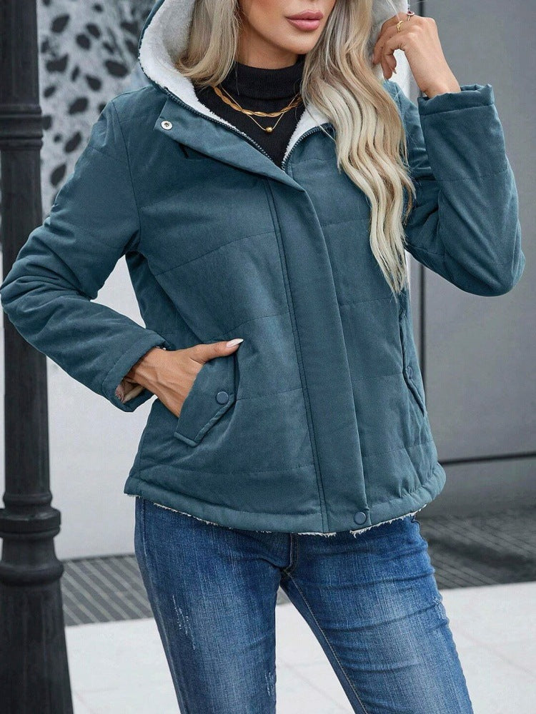 Margo & Main blue sherpa quilted jacket — front view of the teal body and lined hood, US women's sizes