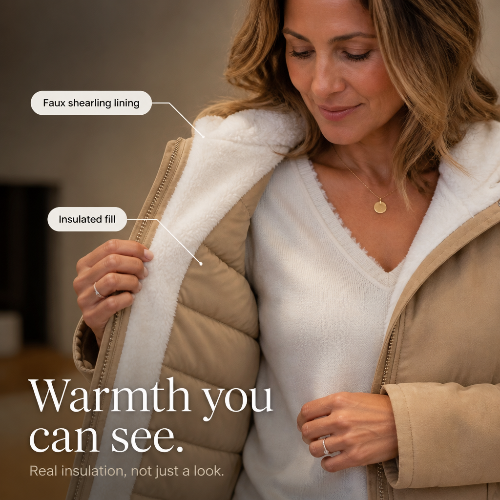 Margo & Main camel sherpa quilted jacket — close-up of the shearling lining and fill, US women's sizes