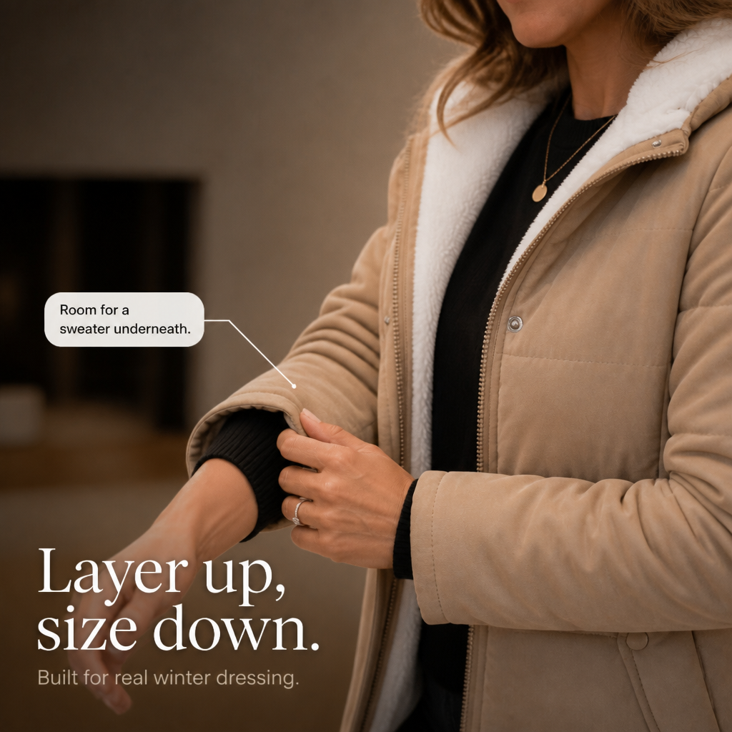 Margo & Main camel sherpa quilted jacket — close-up of the cuff and lined front edge, US women's sizes