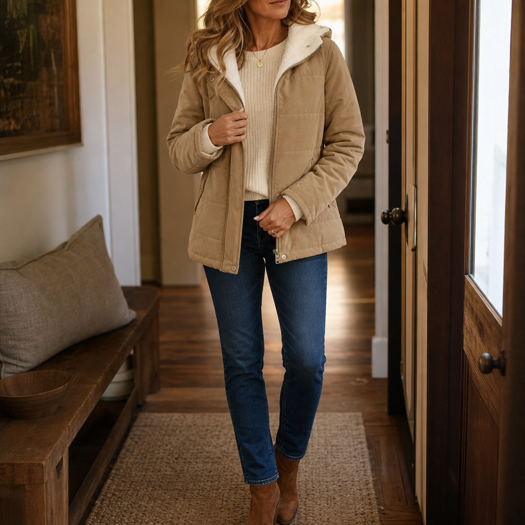 Margo & Main camel sherpa quilted jacket — full-length front view in a doorway, US women's sizes
