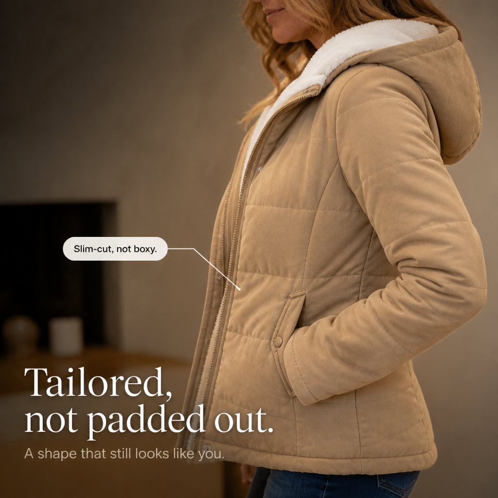 Margo & Main camel sherpa quilted jacket — side view of the slim cut and soft hood, US women's sizes