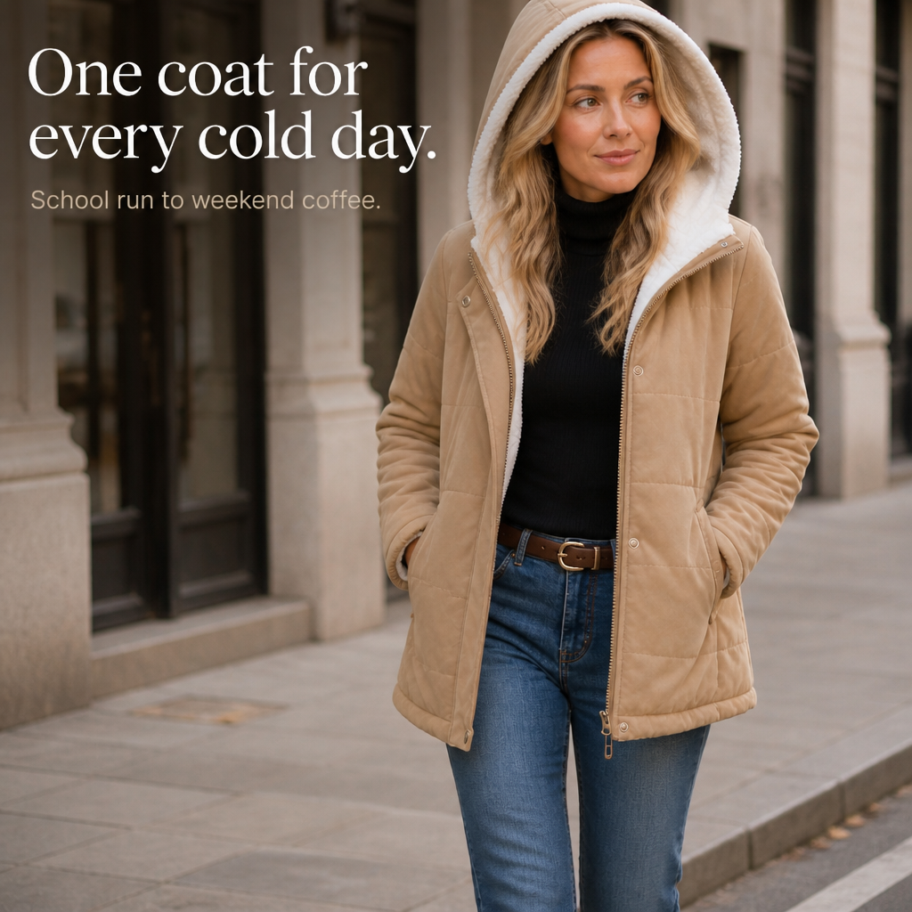 Margo & Main camel sherpa quilted jacket — street view with the hood up and zip closed, US women's sizes