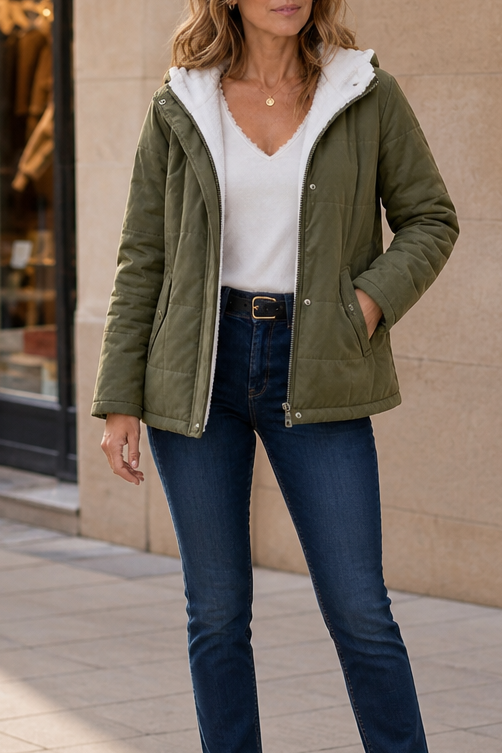 Margo & Main olive sherpa quilted jacket — full-length view worn open, hood down, US women's sizes