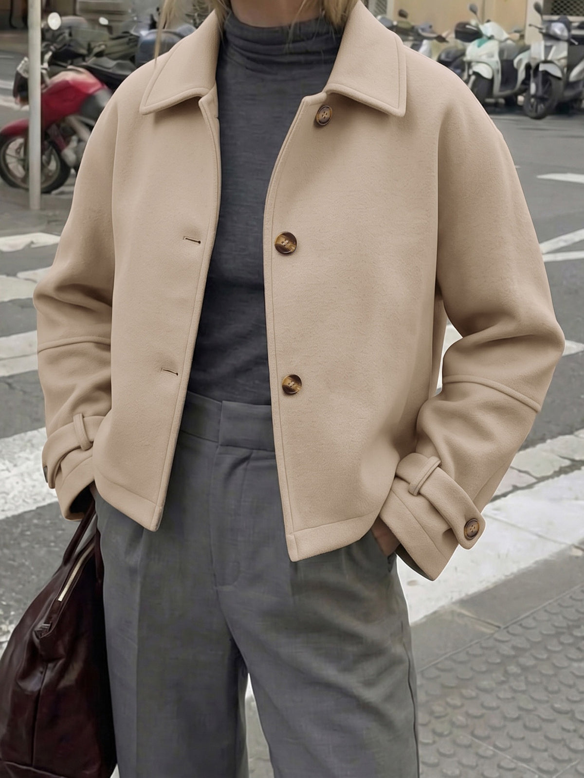 Margo & Main khaki short wool drop-shoulder jacket — front view with button placket, US women's sizes