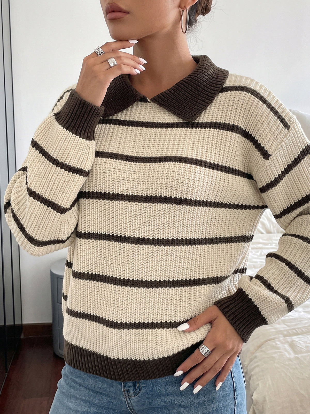 Margo & Main camel striped polo collar knit sweater — front view with brown collar and cuffs, US women's sizes