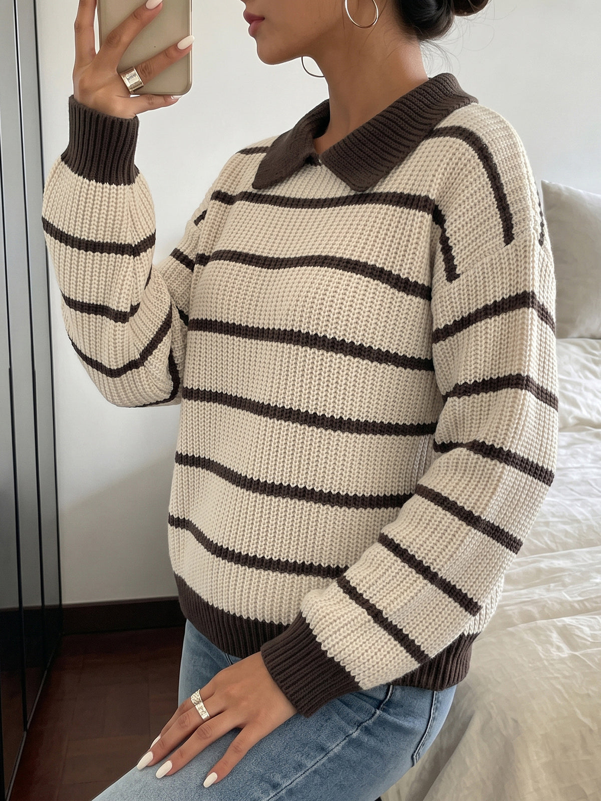 Margo & Main camel striped polo collar knit sweater — seated side view of the chunky rib knit