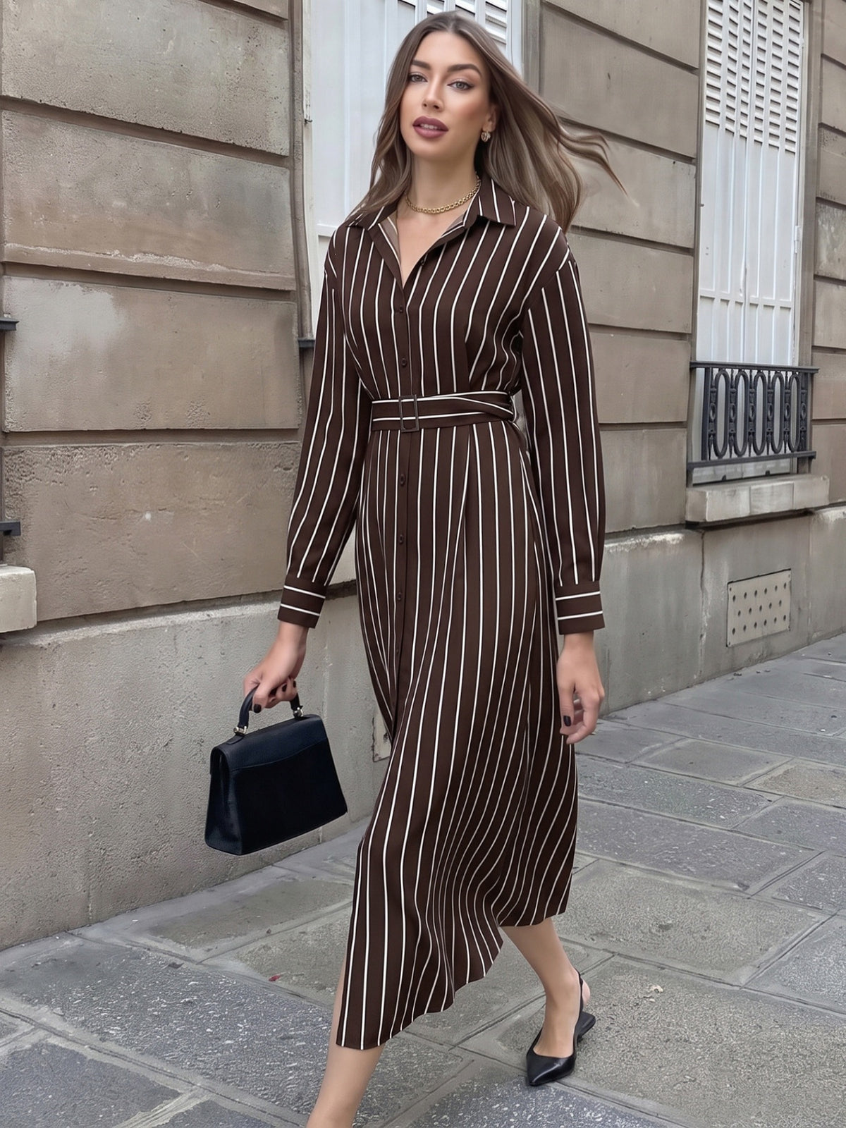 Margo & Main brown striped shirt midi dress — front view with collar and self-tie belt, US women's sizes