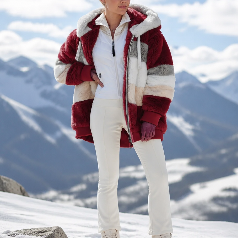 Margo & Main burgundy teddy hooded jacket — full-length view of the burgundy blocks, US women's sizes