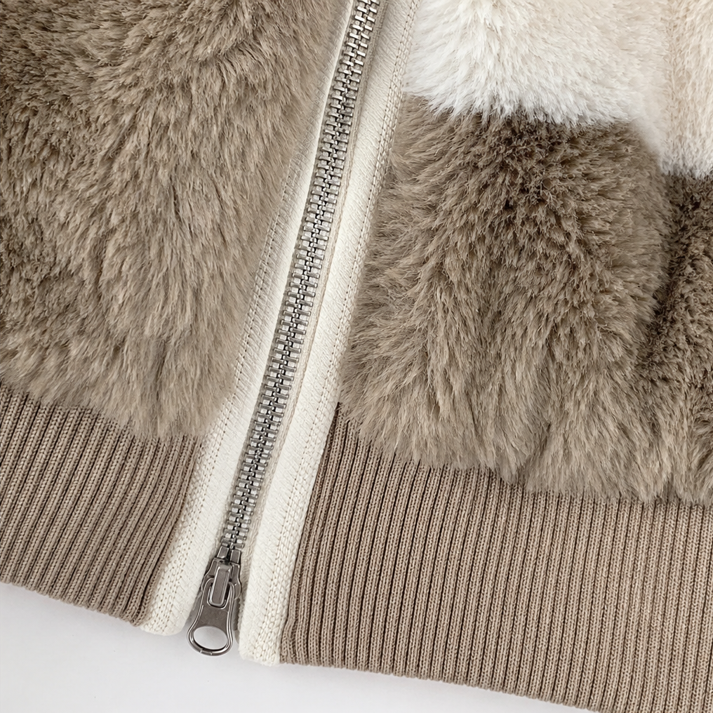 Margo & Main camel teddy hooded jacket — close-up of the zip pull and ribbed hem, US women's sizes