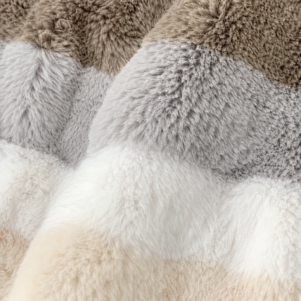 Margo & Main camel teddy hooded jacket — close-up of the plush color-block stripes, US women's sizes
