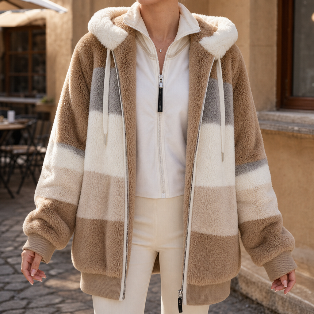 Margo & Main camel teddy hooded jacket — front view of the color-block zip front, US women's sizes