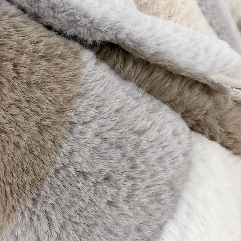 Margo & Main gray teddy hooded jacket — close-up of the fur blocks at the shoulder, US women's sizes