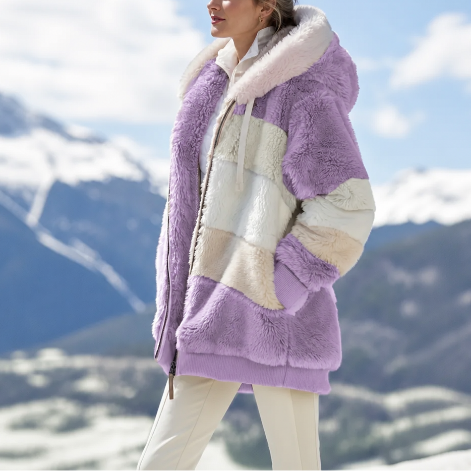 Margo & Main lilac teddy hooded jacket — walking view of the lilac blocks in the snow, US women's sizes