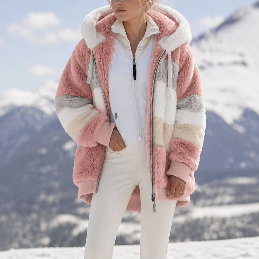 Margo & Main pink teddy hooded jacket — front view of the pink and cream blocks, US women's sizes