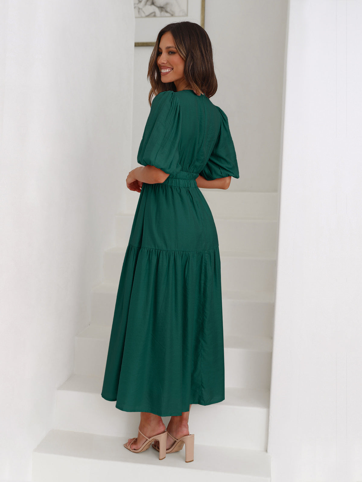 Margo & Main green tiered puff sleeve V-neck maxi dress — back view of the puff sleeves, US women's sizes