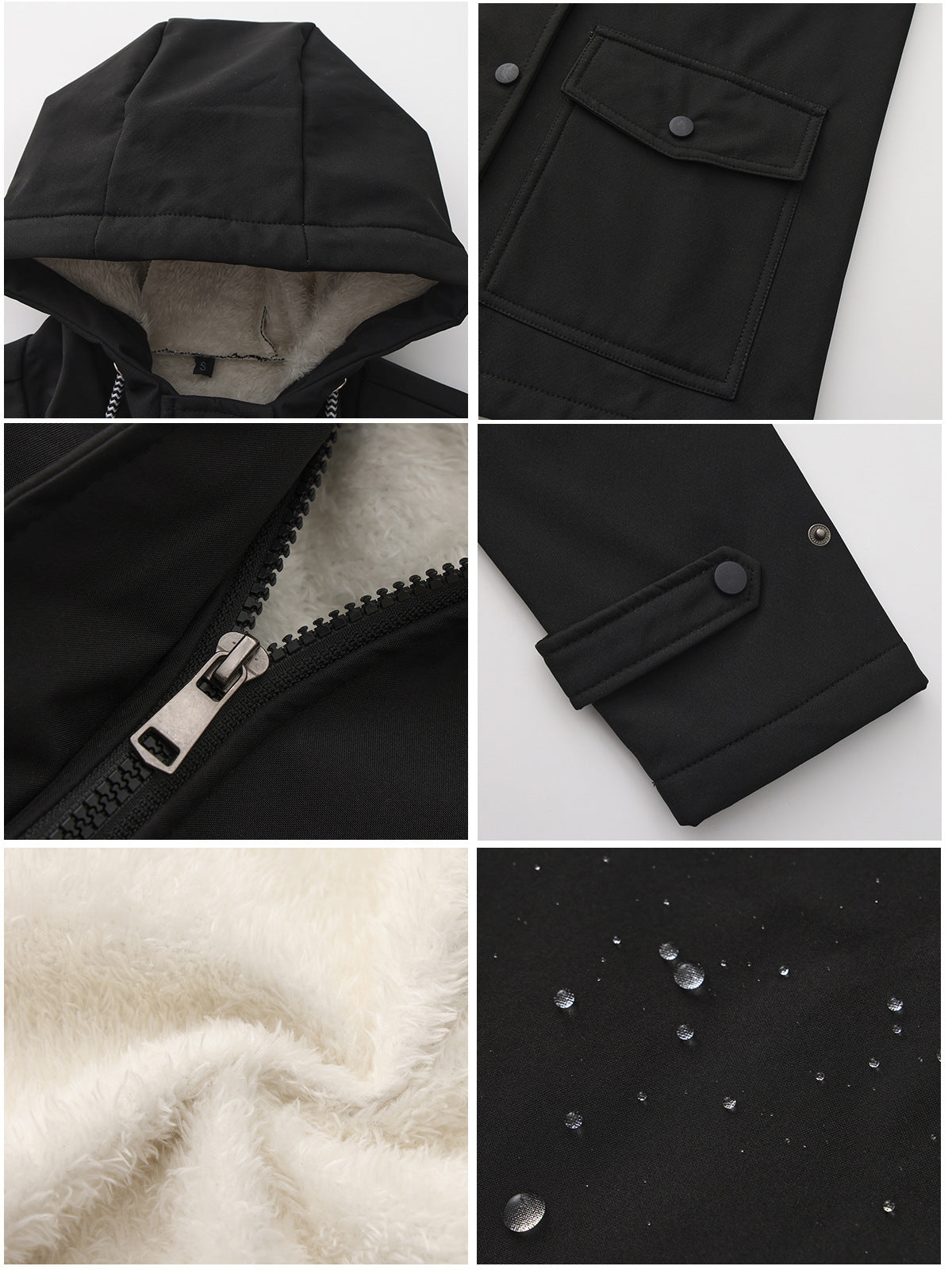 Margo & Main black hooded rain parka — detail grid of the hood, zip, cuff and lining, US women's sizes