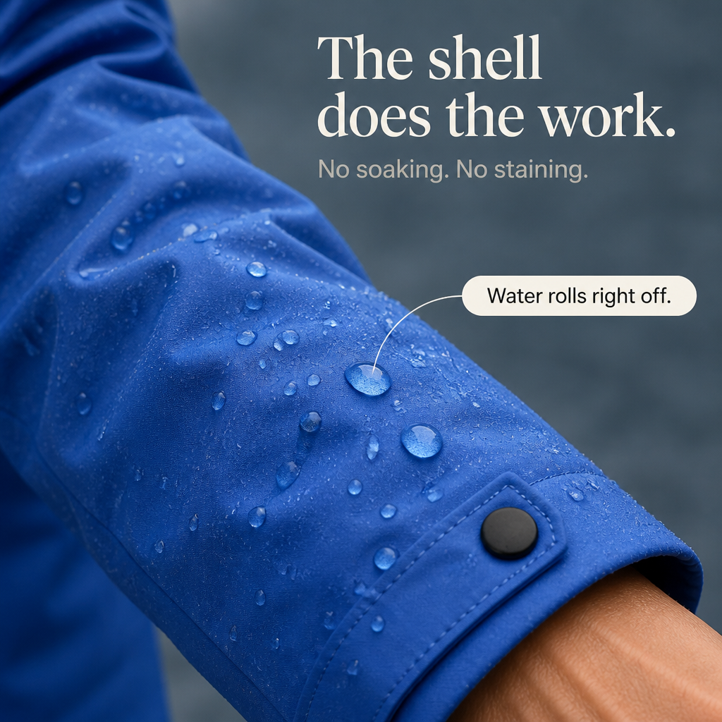 Margo & Main blue hooded rain parka — close-up of water beading on the sleeve, US women's sizes