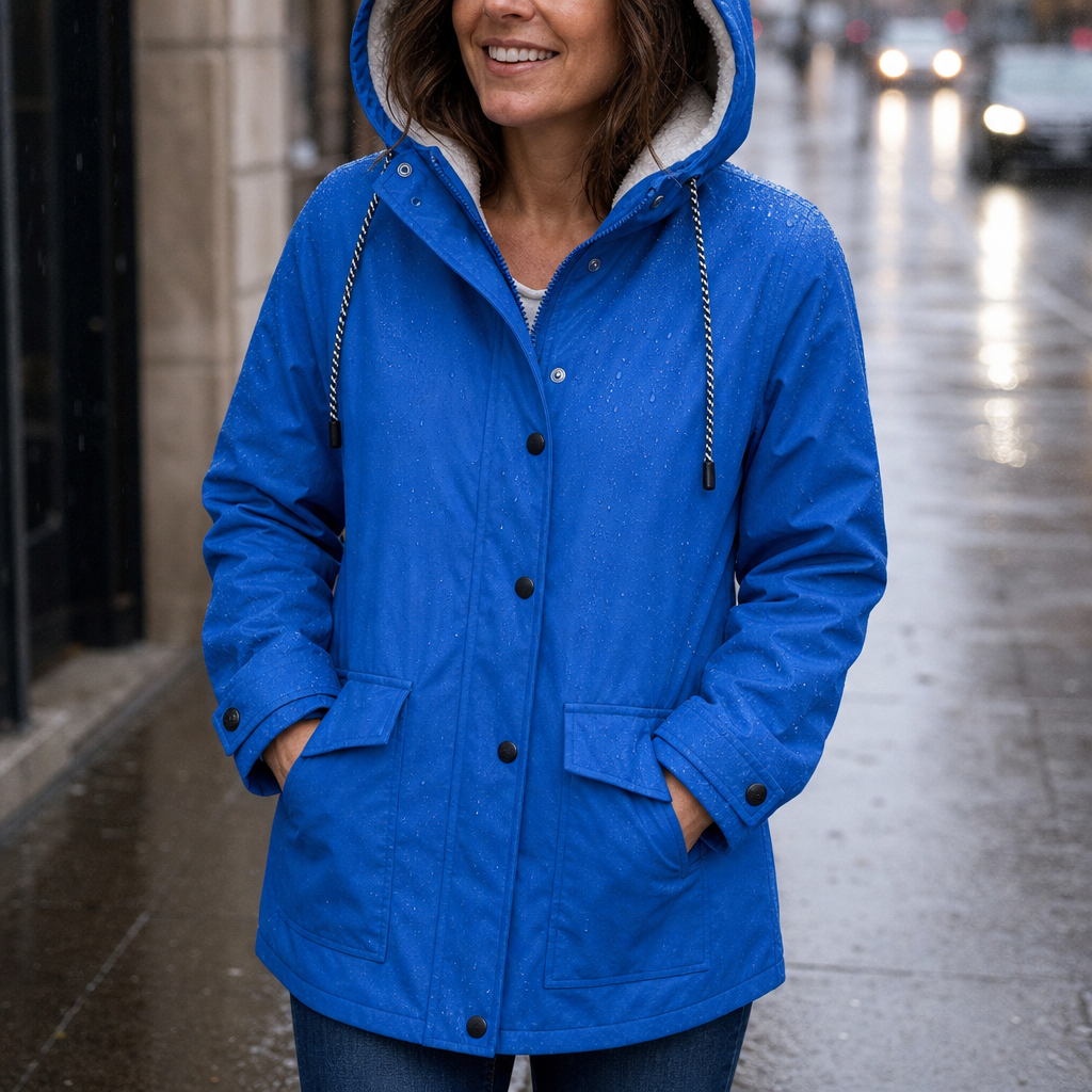 Margo & Main blue hooded rain parka — close-up of the snap front and flap pockets, US women's sizes