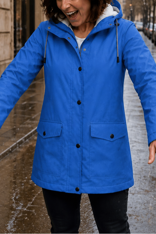 Margo & Main blue hooded rain parka — front view of the snap front, hood down, US women's sizes