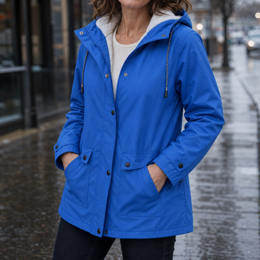 Margo & Main blue hooded rain parka — front view on a wet street, hands in pockets, US women's sizes