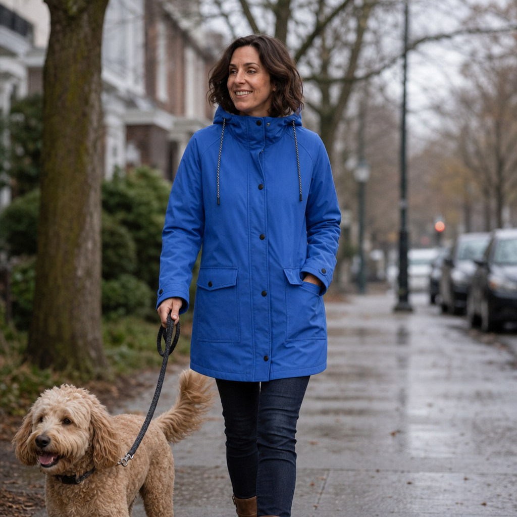 Margo & Main blue hooded rain parka — full-length view snapped with a high collar, US women's sizes