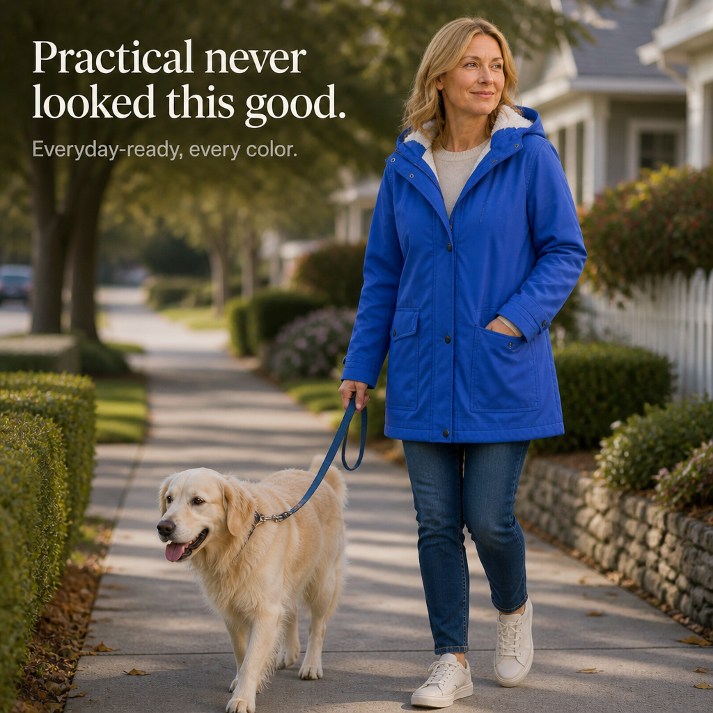 Margo & Main blue hooded rain parka — full-length view on a tree lined sidewalk, US women's sizes