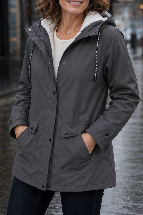 Margo & Main gray hooded rain parka — front view of the drawcord and flap pockets, US women's sizes