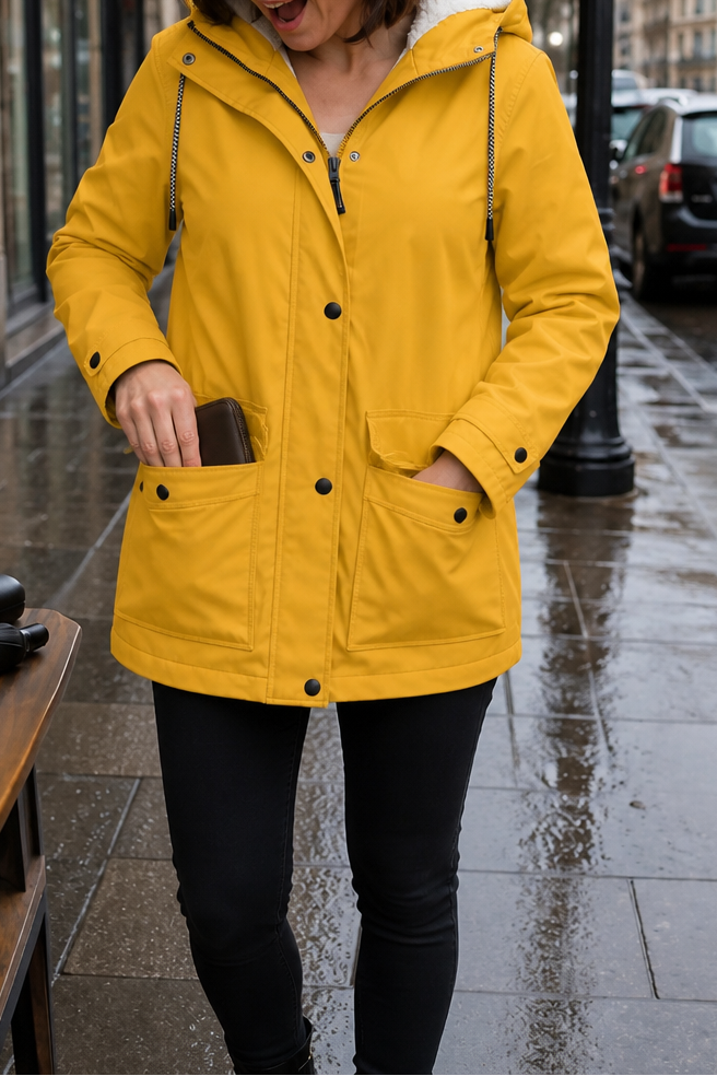 Margo & Main marigold hooded rain parka — front view of the flap pockets and snaps, US women's sizes