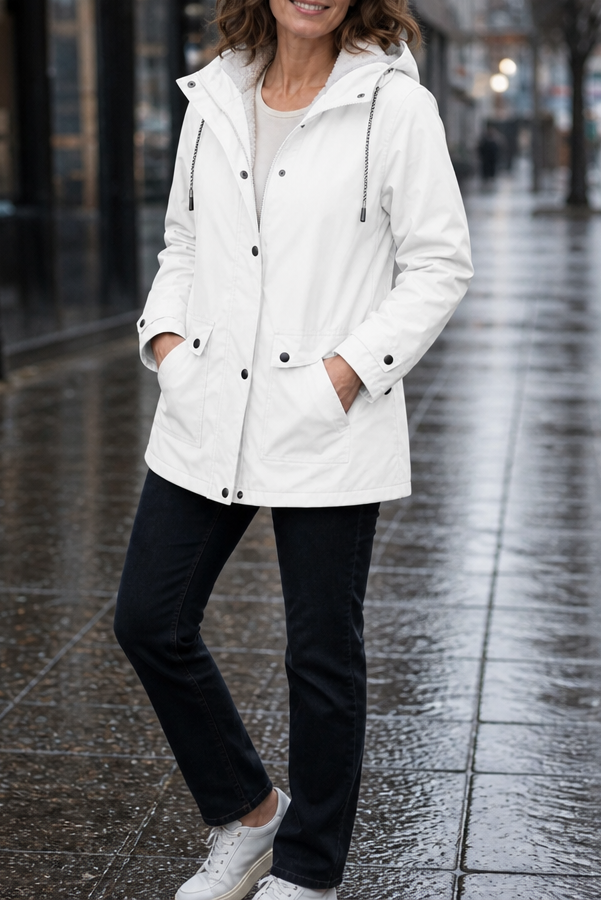 Margo & Main white hooded rain parka — full-length view of the hood and drawcord, US women's sizes