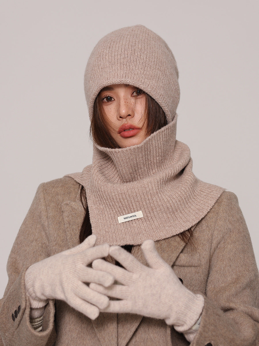 Margo & Main beige wool beanie and snood set — front view styled with a wool coat and gloves