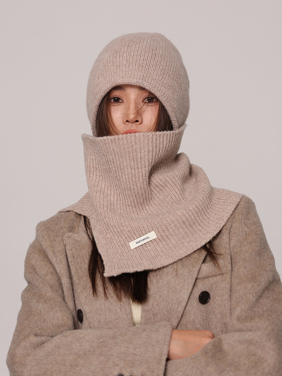 Margo & Main beige wool beanie and snood set — front view with the beanie pulled low at the brow