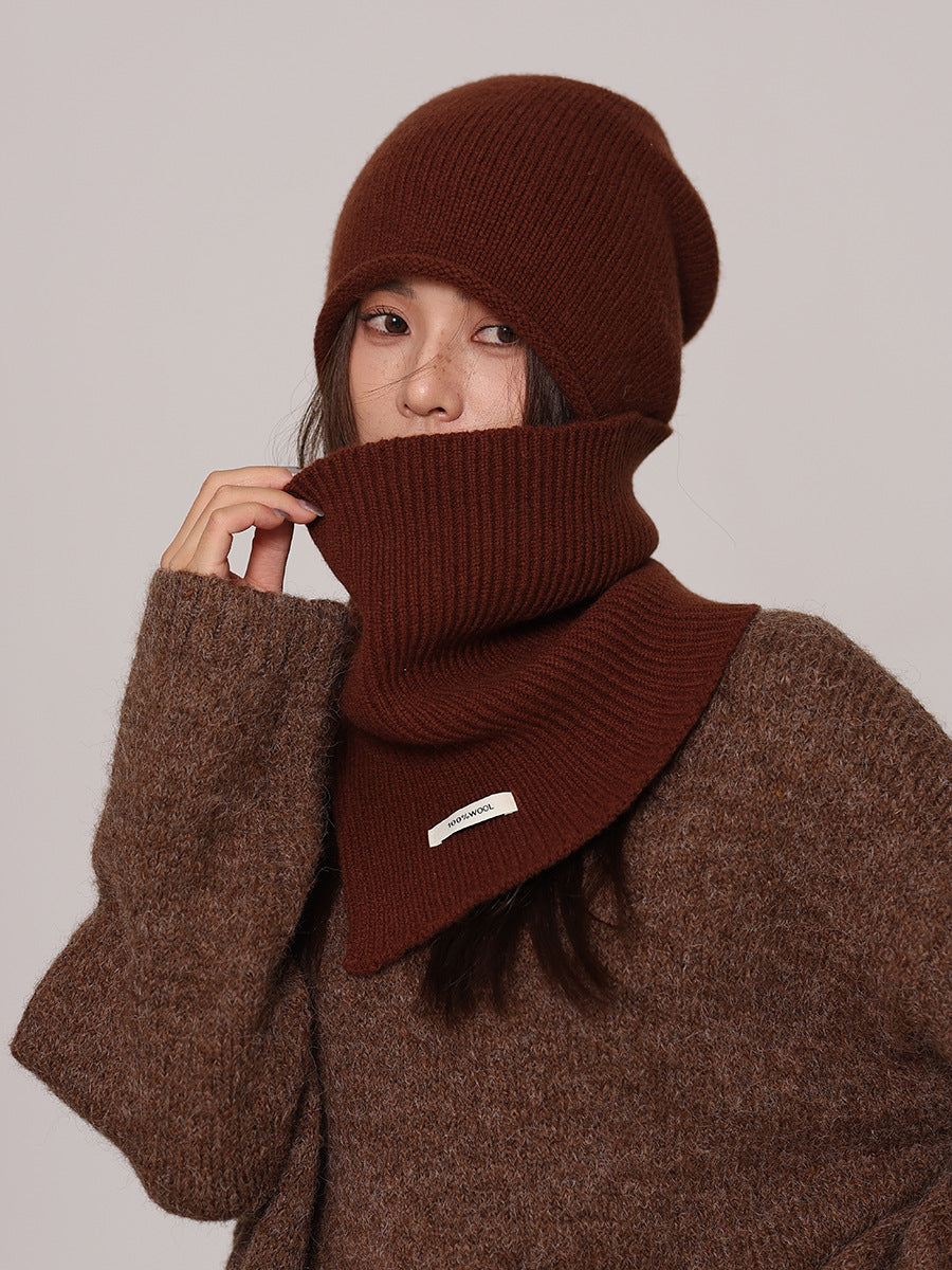Margo & Main chocolate wool beanie and snood set — close-up of the snood pulled over the chin