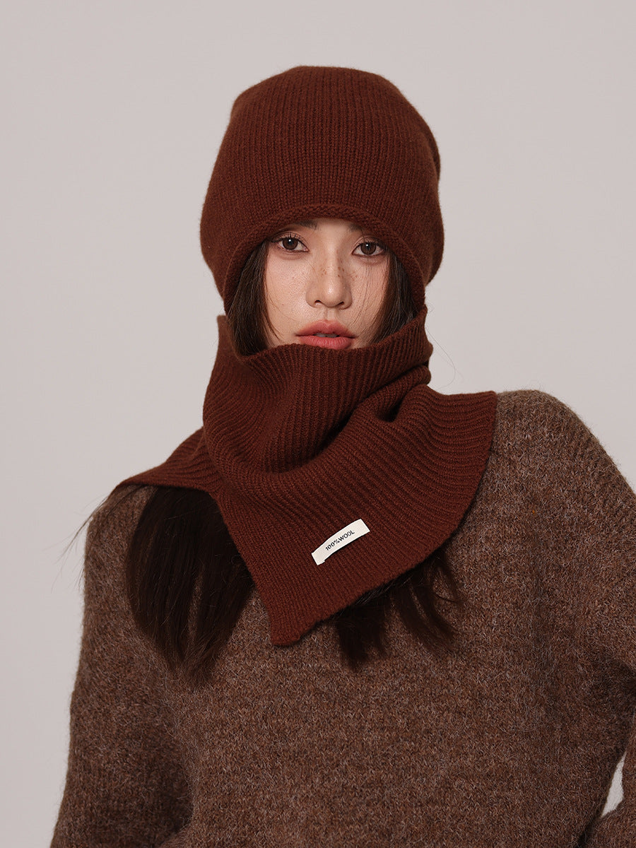 Margo & Main chocolate wool beanie and snood set — front view with the snood point on the chest