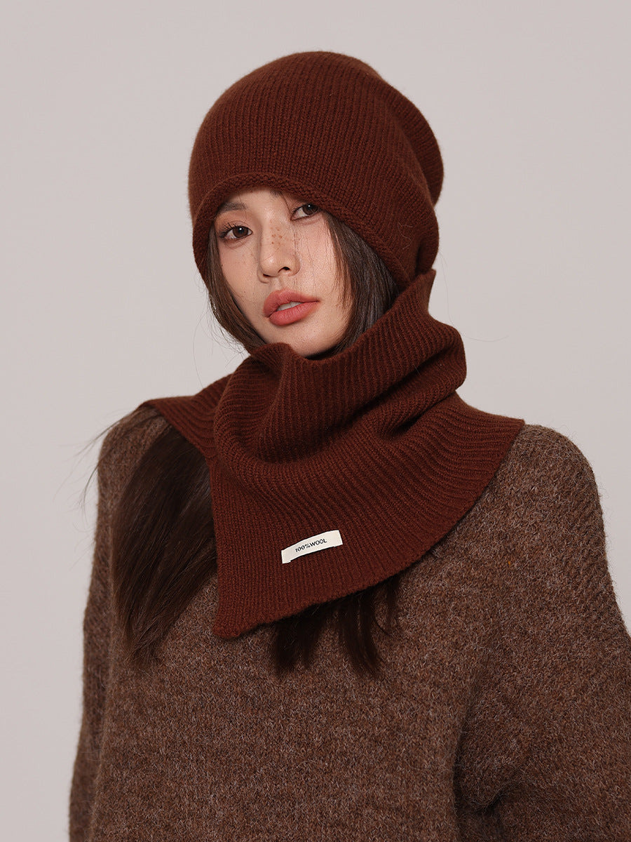 Margo & Main chocolate wool beanie and snood set — front view of the beanie and pointed snood