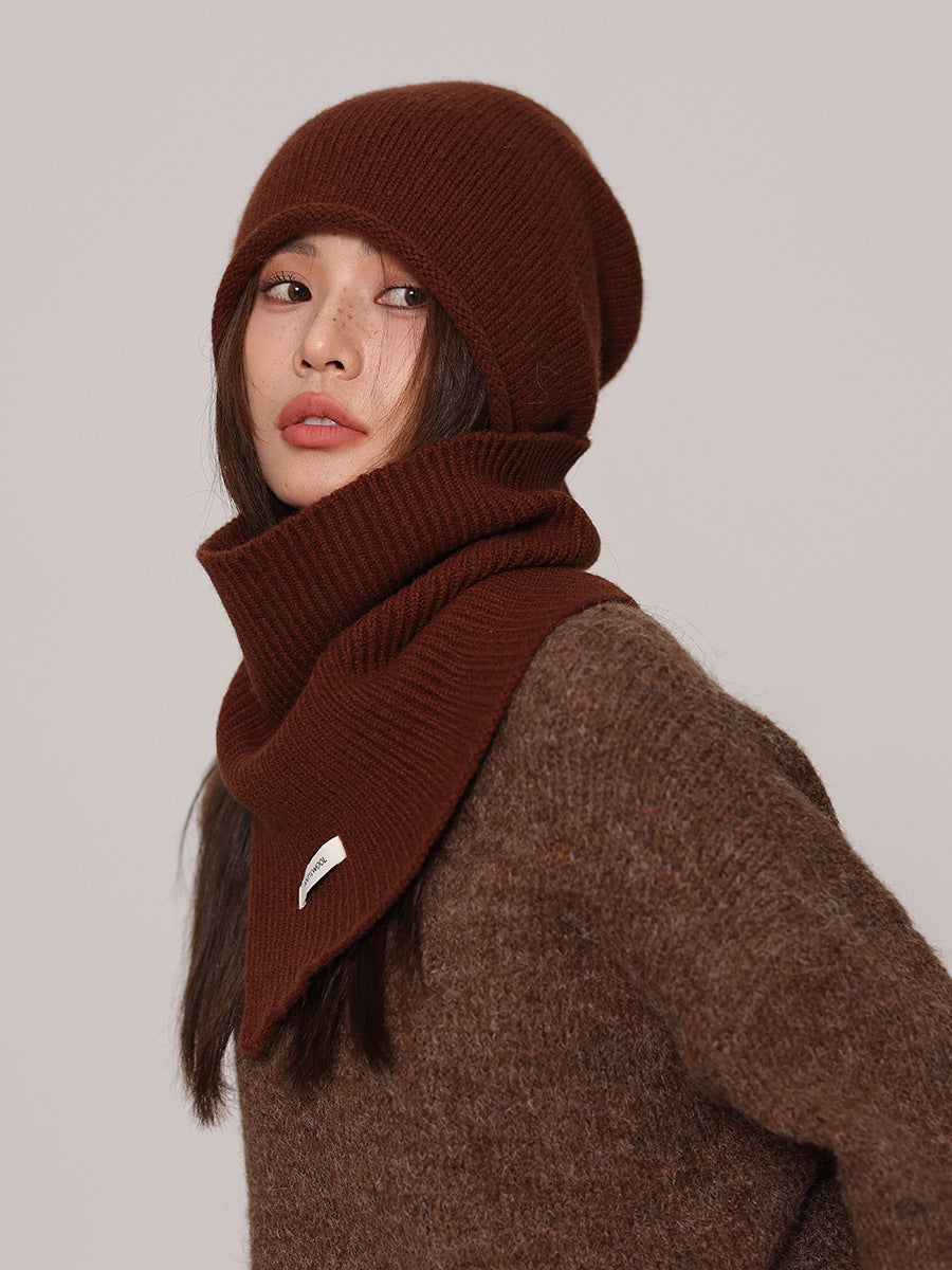 Margo & Main chocolate wool beanie and snood set — side view of the ribbed knit and snood