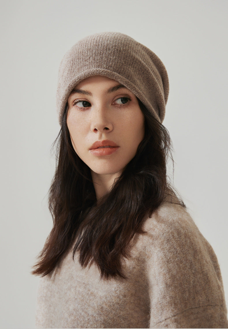 Margo & Main tan wool beanie — front view with the knitted brim folded neatly above the brow