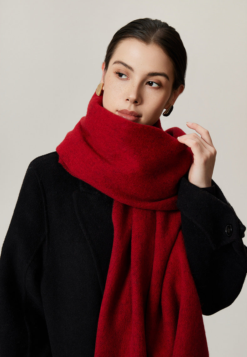 Margo & Main red lamb wool blanket scarf — close-up of the brushed wool high at the neck