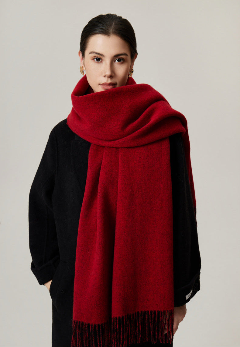 Margo & Main red lamb wool blanket scarf — front view wrapped wide with long fringed ends
