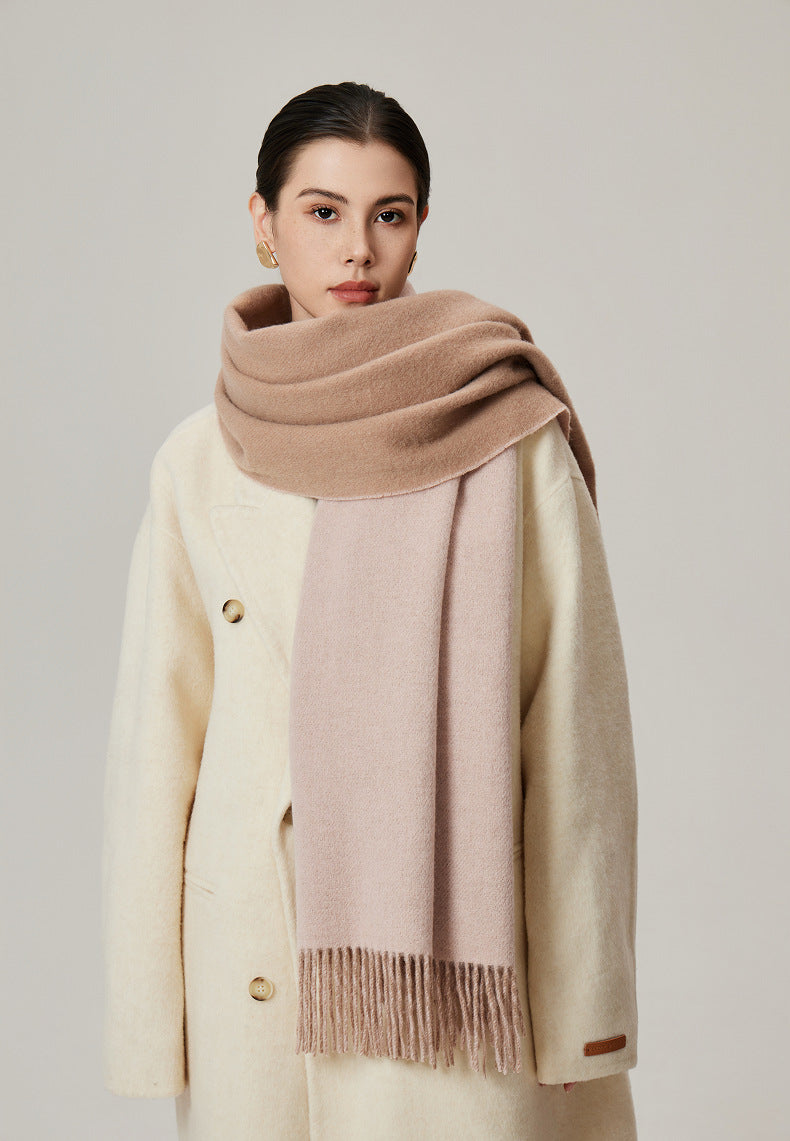 Margo & Main tan lamb wool blanket scarf — angled view of the wrap and its fringed hem