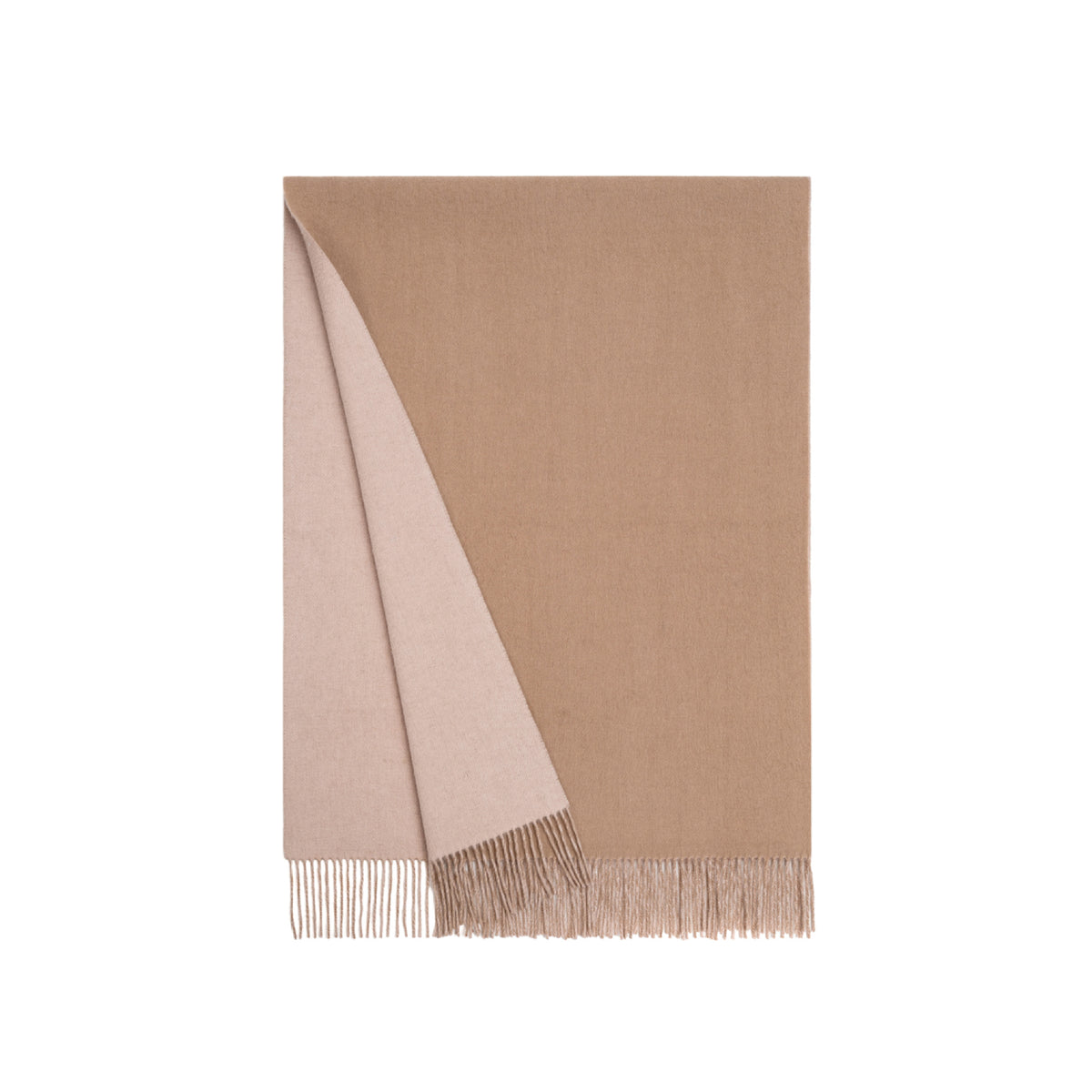 Margo & Main tan lamb wool blanket scarf — flat lay showing the camel and blush sides