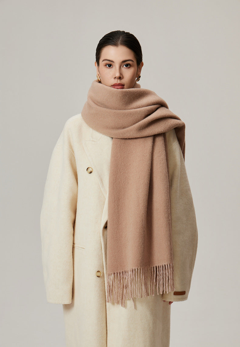 Margo & Main tan lamb wool blanket scarf — front view with the blush panel hanging down
