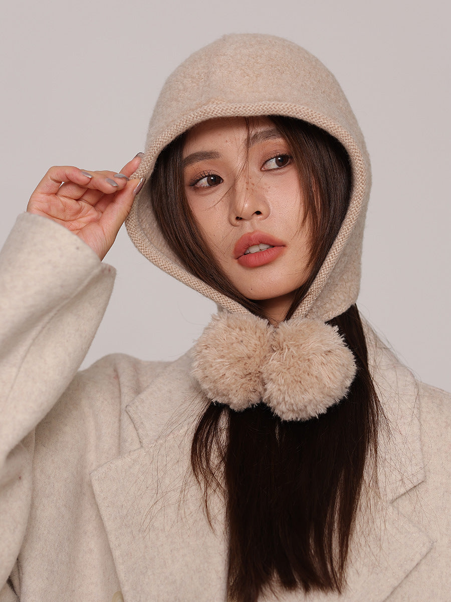 Margo & Main cream wool pom pom hood — front view of the hood and the two pom pom ties