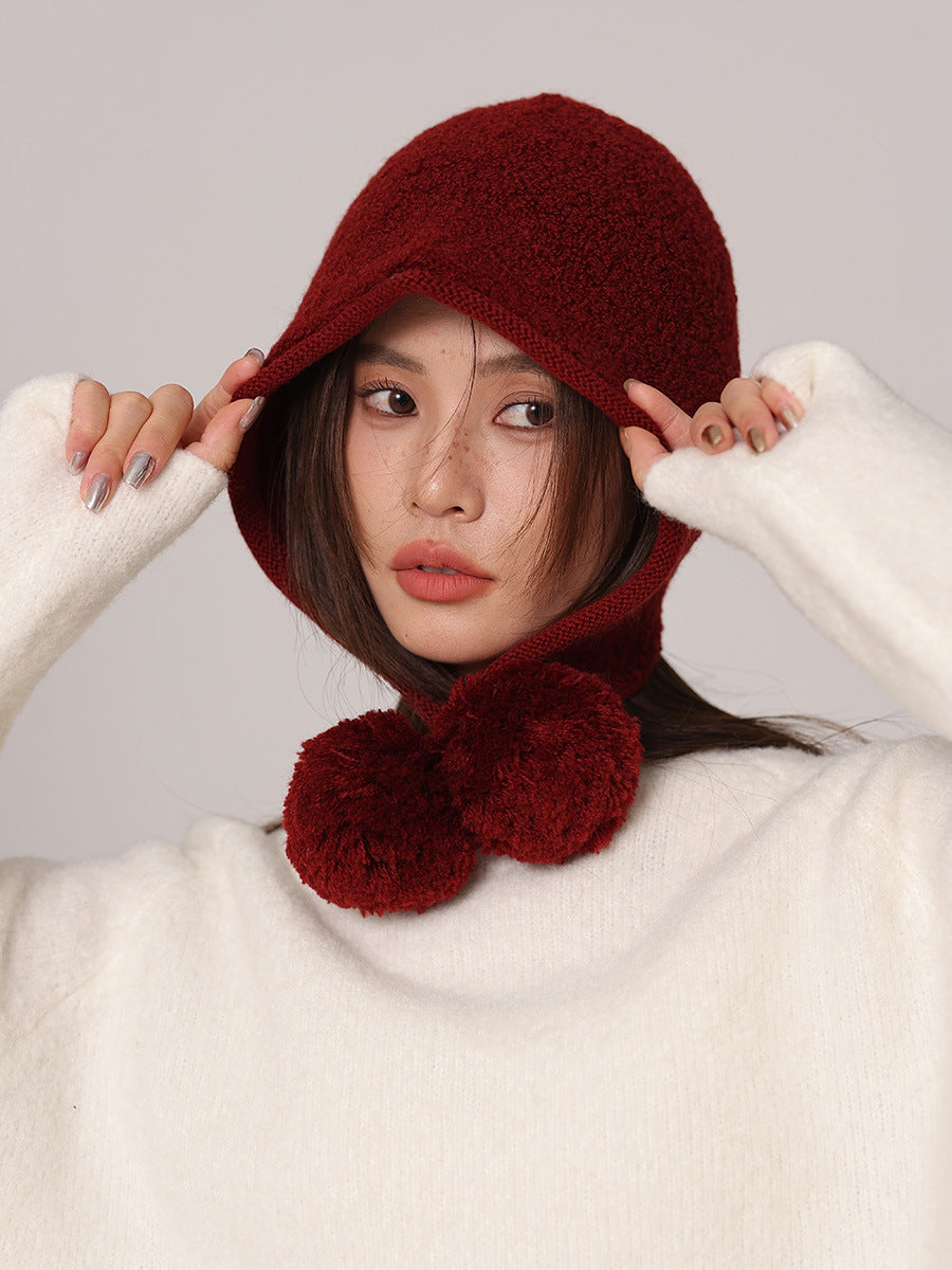 Margo & Main red wool pom pom hood — front view of the knitted hood and pom pom ties