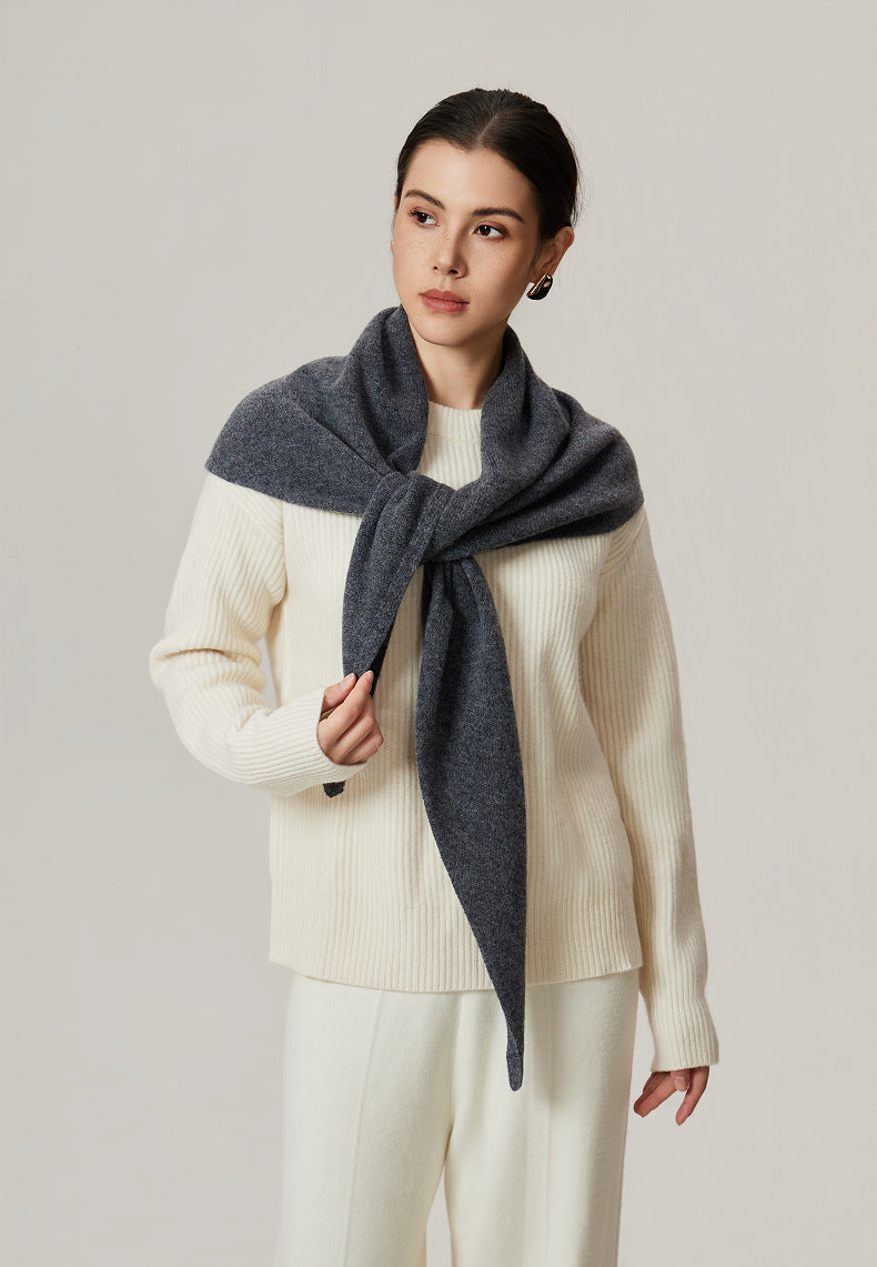 Margo & Main gray lamb wool triangle scarf — front view knotted over a cream knit set