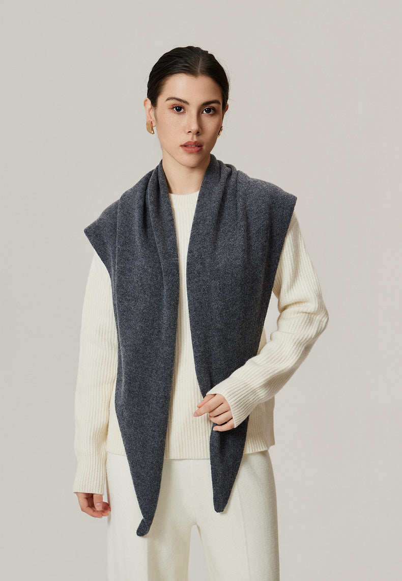Margo & Main gray lamb wool triangle scarf — front view worn open with both points down