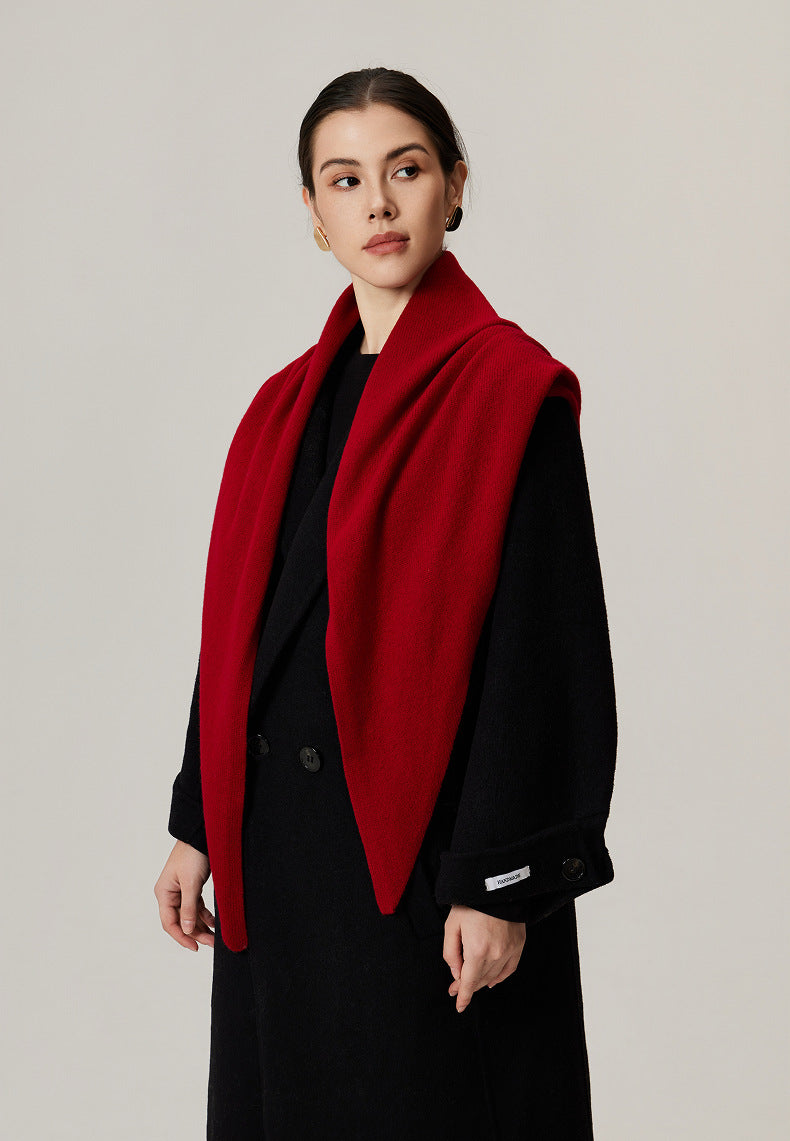 Margo & Main red lamb wool triangle scarf — three-quarter view draped over the shoulders