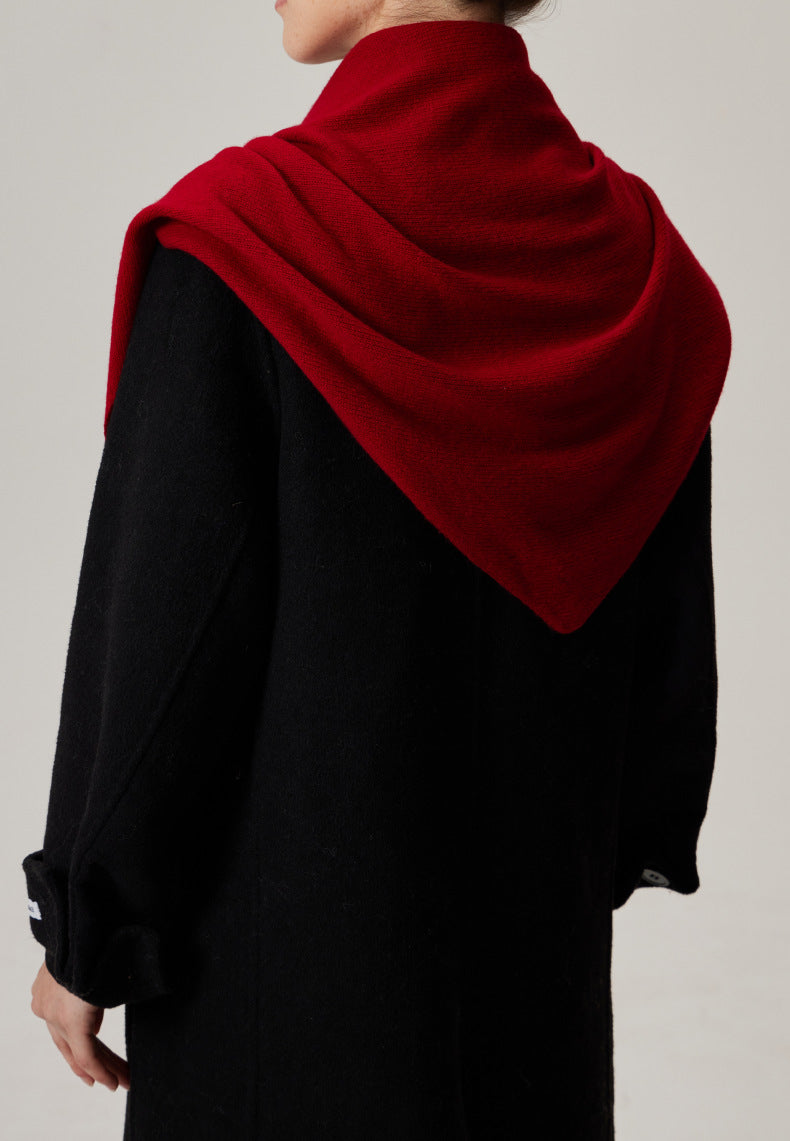 Margo & Main red lamb wool triangle scarf — back view of the wide drape across the shoulders