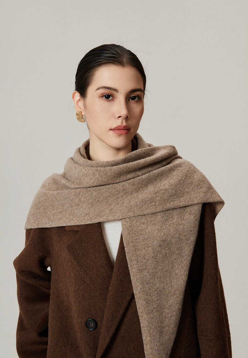 Margo & Main tan lamb wool triangle scarf — front view tied over a brown wool coat