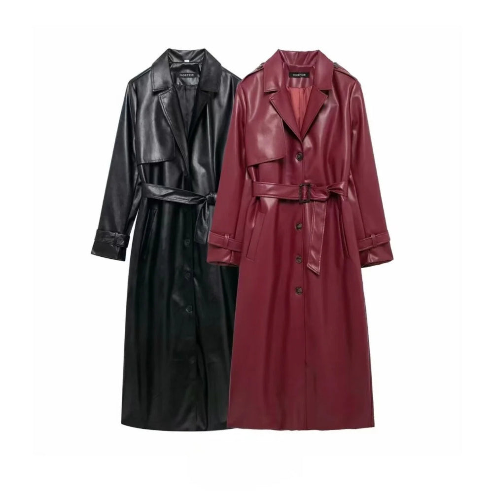 Maeve Belted Faux Leather Long Trench Coat