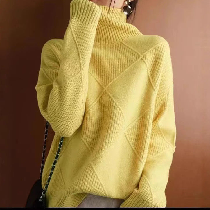 Margo & Main – diamond knit turtleneck sweater, close-up view, US women's sizes